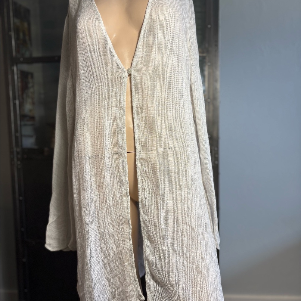 EILEEN FISHER Linen Mesh V-Neck Long Jacket/Swim Cover Up. Size L